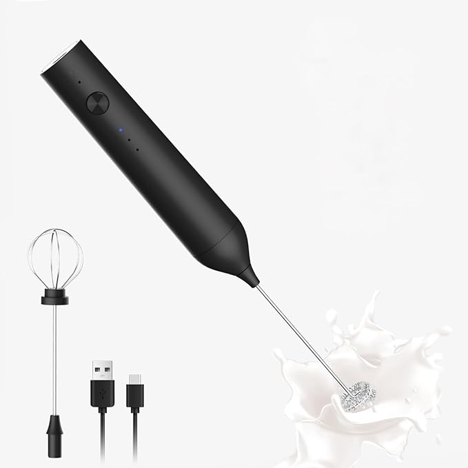 Powerful Electric Milk Frother with Wand and Egg Whisk Attachments, 3 Speed Adjustable Rechargeable Foam Maker Mixer, Milk Frother Handled for Coffee, Protein Powder (Black without Stand)