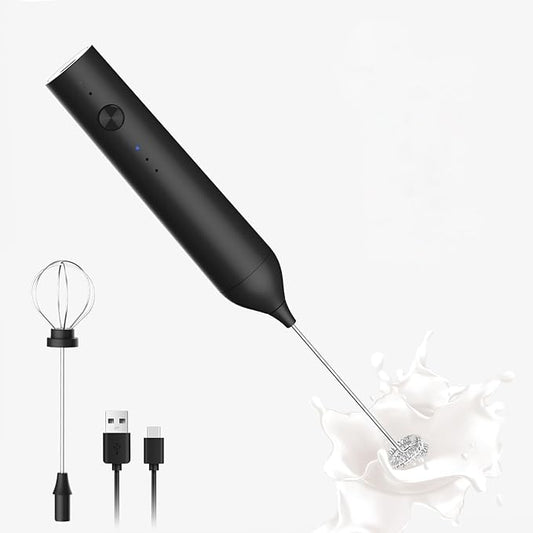 Powerful Electric Milk Frother with Wand and Egg Whisk Attachments, 3 Speed Adjustable Rechargeable Foam Maker Mixer, Milk Frother Handled for Coffee, Protein Powder (Black without Stand)