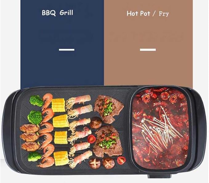 Electric 2 in 1 Grill with Shabu Shabu Hot Pot. Multifunctional Indoor Teppanyaki Korean BBQ Capacity for 2-5 People