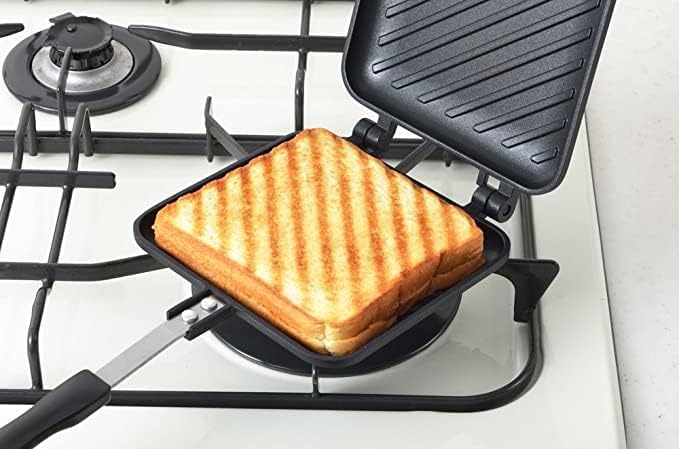 Panini Press Hot Sandwich Maker Non-Stick Panini Grill Pan with Handle Aluminum Flip Pan for Home and Outdoor Camping, 1 Pack