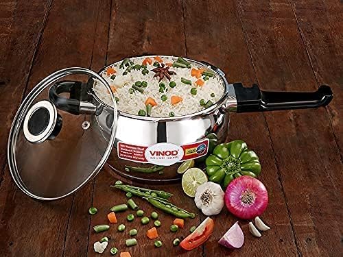 Vinod Pressure Cooker Stainless Steel – Glass Lid Handi Pot - 1.5 Liter – Indian Pressure Cooker – Stove Top Sandwich Bottom – Best Used For Indian Cooking, Soups, and Rice Recipes, Quinoa