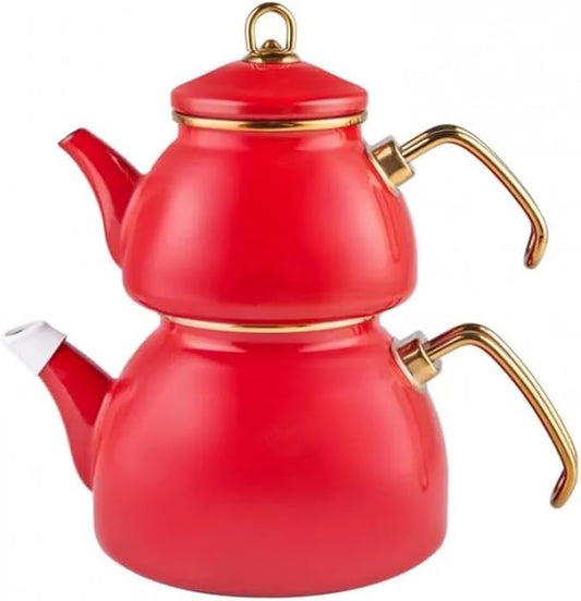Karaca Retro Turkish Teapot for Stovetop, 1.1L Turkish Tea Pot & 2.3L Kettle, Dishwasher Safe, Induction Tea Pot Set, Vibrant Color Lasting Enamel, Samovar Style, Red