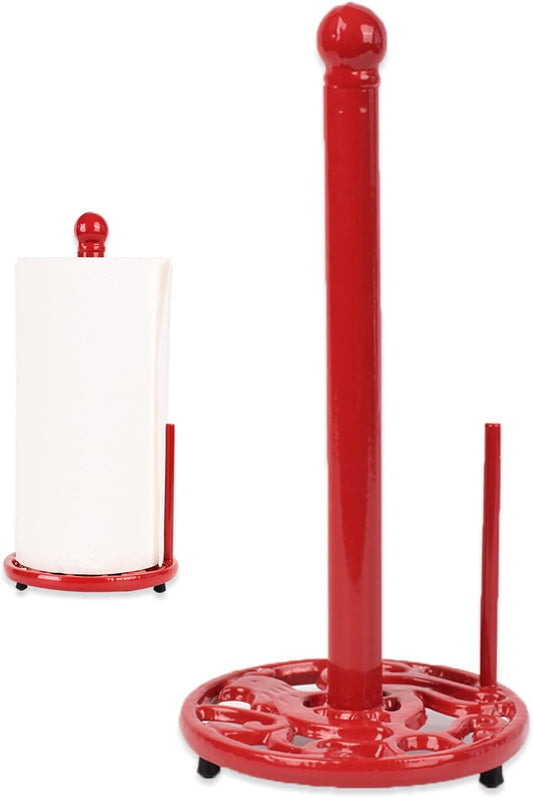 Vintage Paper Towel Stand - Cast Iron Kitchen Countertop Decor, Easy Tear Roll Towel Holder, Red