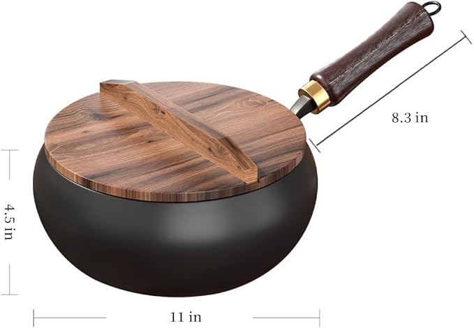Pure Iron Wok, Uncoated Heats Evenly Multi-Purpose Frying Pan, Suitable for Any Stove, Oven or Even Camping Campfire with Lid and Wooden Handle