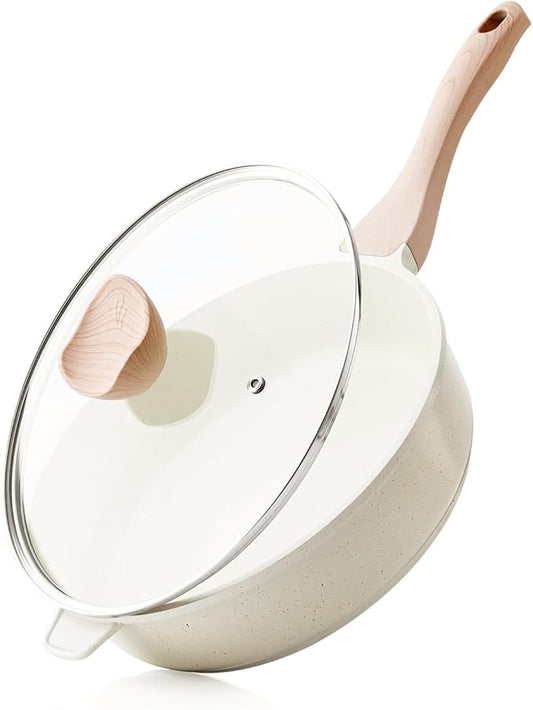 Nonstick Ceramic Deep Frying Pan, 10 Inch Non Toxic Skillet with Lid, Healthy Jumbo Cooker, Saute Pan for Cooking, Induction Cookware, PFOA & PFAS Free (Cream)