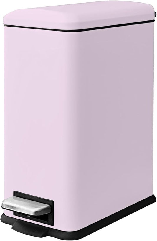 Bathroom Trash Can, 10L/2.6 Gallon Stainless Steel Slim Garbage Can, Pedal Trash Bin with Removable Liner Bucket, Soft Close Lid, Rectangle Trash Bin for Office, Kitchen, Bedroom, Pink
