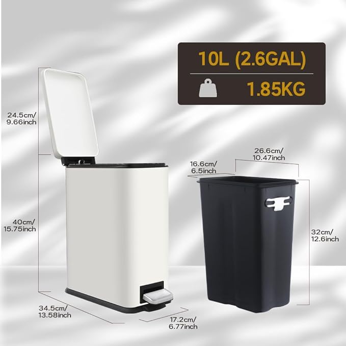 White 10L/2.6 Gallon Bathroom Trash Can with Lid,features a removable inner bucket, a soft - close lid, and a stainless - steel step pedal,ideal for use in the bathroom, kitchen, and home office.