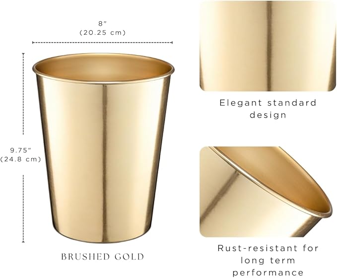 Monarch Abode Brushed Gold Handcrafted Metal Wastebasket for Home Office Bedroom, Decorative Waste Basket, Modern Bathroom Garbage Can, Durable & Decorative Trash Bin, Brushed Gold Bathroom Trash Can