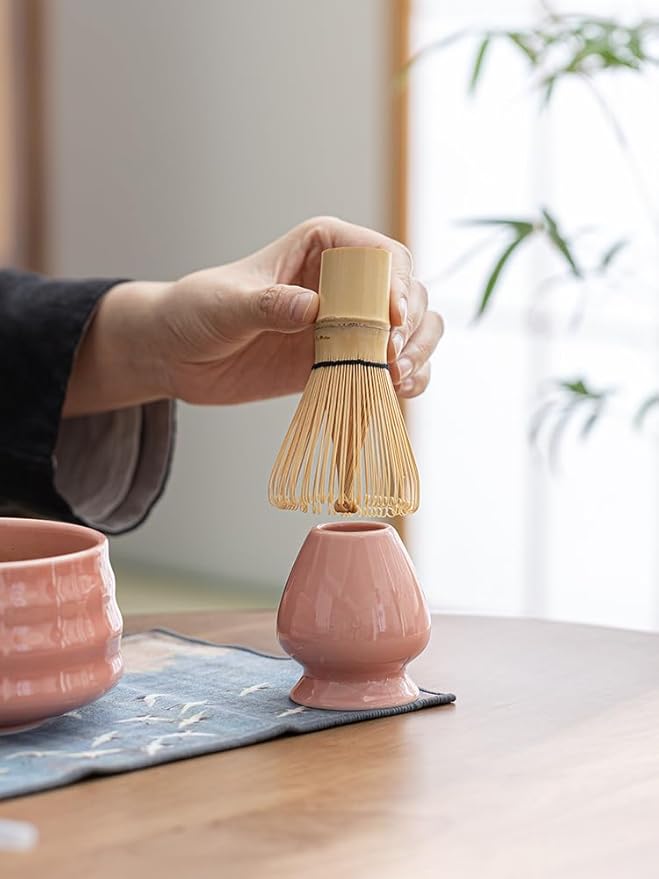 Sisher Matcha Whisk Set Pink,Matcha Set With Bowl Ceramic Pink Matcha Bowl,Matcha Whisk and Holder, Bamboo Scoop, Scoop Rest and Sifter Japanese Matcha Kit for Matcha Lovers 5pcs