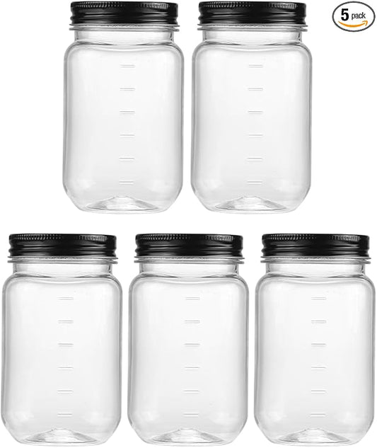 novelinks 16 oz Clear Plastic Jars with Screw-On Lids - BPA-Free Refillable Storage Containers for Slime, Food, Crafts, Kitchen & Household Use (5 Pack,Black)