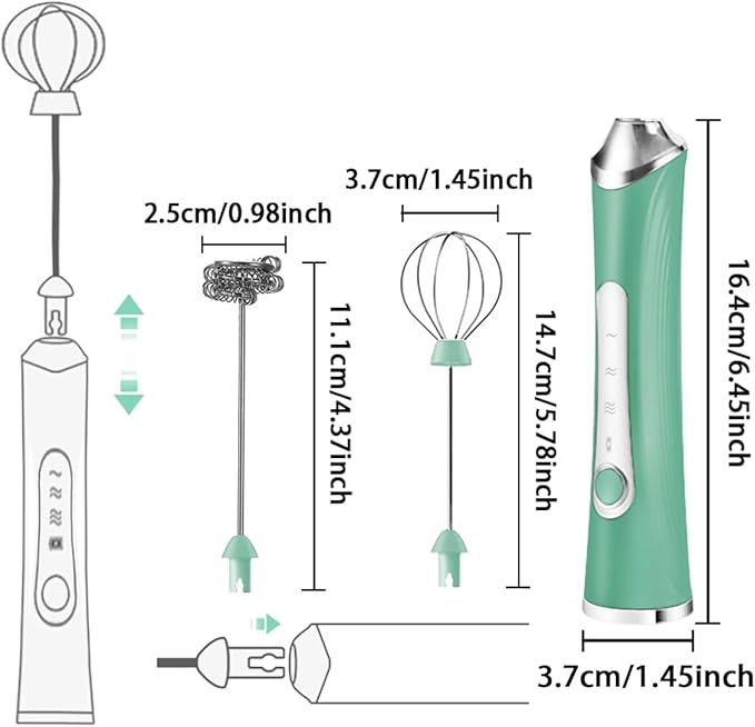 Rechargeable Milk Frother Handheld For Coffee,3 Speeds Frother Wand With Stand, Batidora De Mano Electrica,With 2 Heads,Drink Mixer Electric Handheld,Kitchen Essentials (Green)