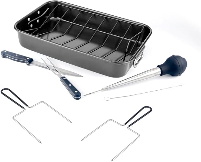 Delux Turkey Roaster Lasagna Pan Set for Roasting Thanksgiving Turkey, Chicken, Meat & Vegetables, with Stainless Steel Turkey Baster Turkey Lifter and Carving Knife n Fork Set