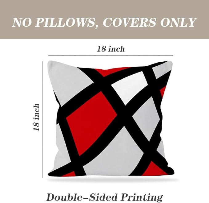 Modern Art Geometric Pillow Cover, Decorative Throw Pillow Covers Red Black Abstract Artwork Cushion Cover for Bedroom Sofa Living Room 18 x 18 Inch Set of 2