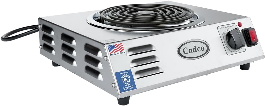 Cadco CSR-3T 14" Electric Portable Countertop Hi-Power Hot Plate w/One Tubular Burner for Restaurant Hotel Food Truck Concession Kiosk, Stainless Steel, 120v