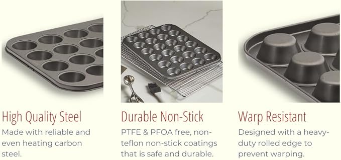 husMait Premium Quality Mini-Muffin Pan, Baking Sheet, and Cooling Rack. For Baking Mini Cupcakes, Muffins, Bite Size Tarts, Cookies. Non-Stick, Dishwasher Safe, Oven Safe (Muffin Pan)