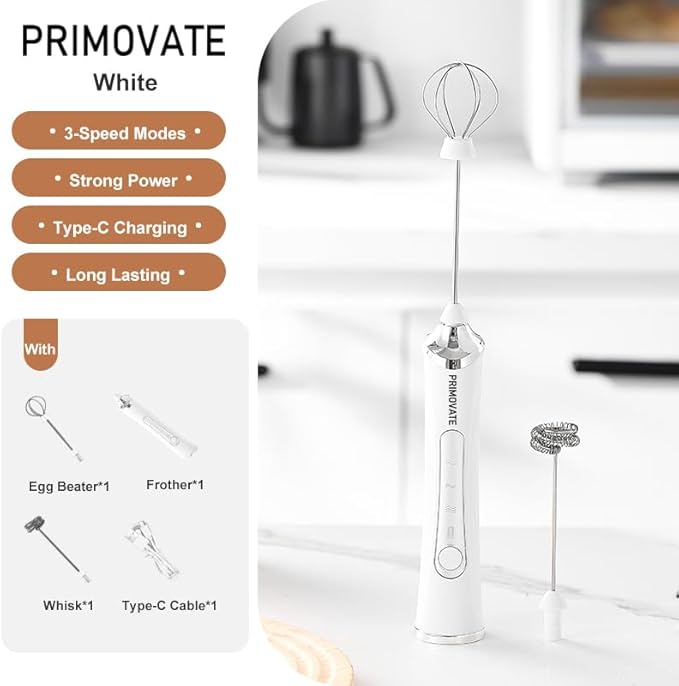 Handheld Milk Frother, Handheld Coffee Whisk, Low-Noise, USB Rechargeable, Black and White Color (Black with Stand)