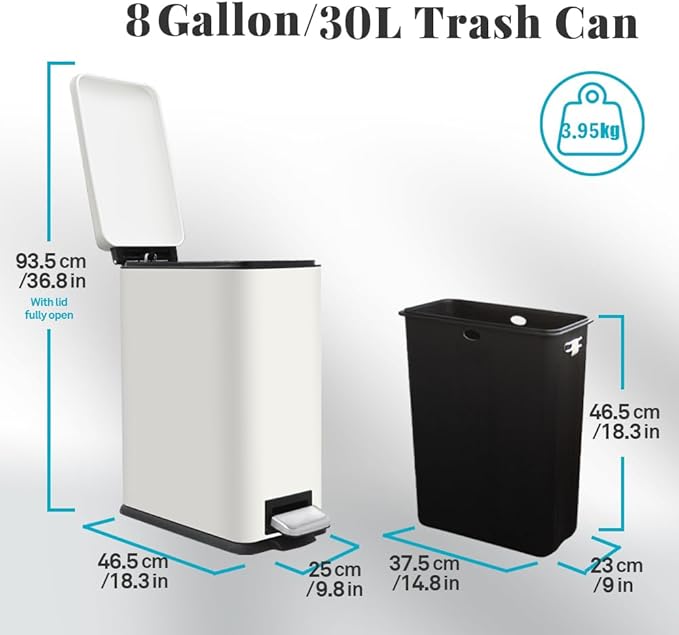 30L/8 Gallon White Foot Pedal Trash Can with Soft Close Lid, Stainless Steel Trash Can with Removal Inner Bucket, Step Trash Bin for Bathroom,Kitchen,Office (White)