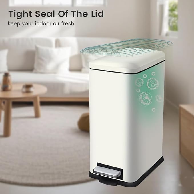 Large Bathroom Trash Can, 16.7L/ 4.4 Gallon Trash Can with Removable Wastebasket, Hand Free Garbage Can with Soft close Lid, Stainless Steel Skinny Trash Bin for Bedroom, Home Office, White