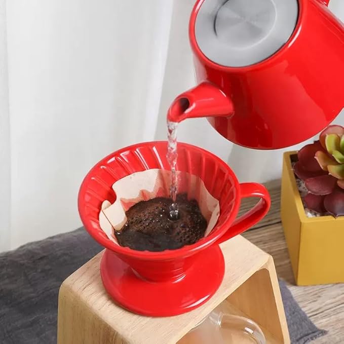Pour Over Coffee Maker, Single Cup Coffee Dripper, Manual Porcelain Slow Brewing Accessories for Travel, Camping, Office, Home, Cafe, Coffee Gifts (Red, Large,2-4Cups)