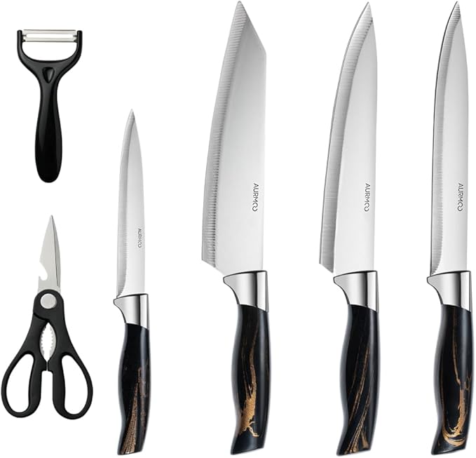 6 Piece Kitchen Knife Set, Stainless Steel Knife Set, Professional Chef Knives Set Sharp Knives for Kitchen, Durable Knives with Ergonomic Plastic Handle