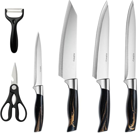 6 Piece Kitchen Knife Set, Stainless Steel Knife Set, Professional Chef Knives Set Sharp Knives for Kitchen, Durable Knives with Ergonomic Plastic Handle