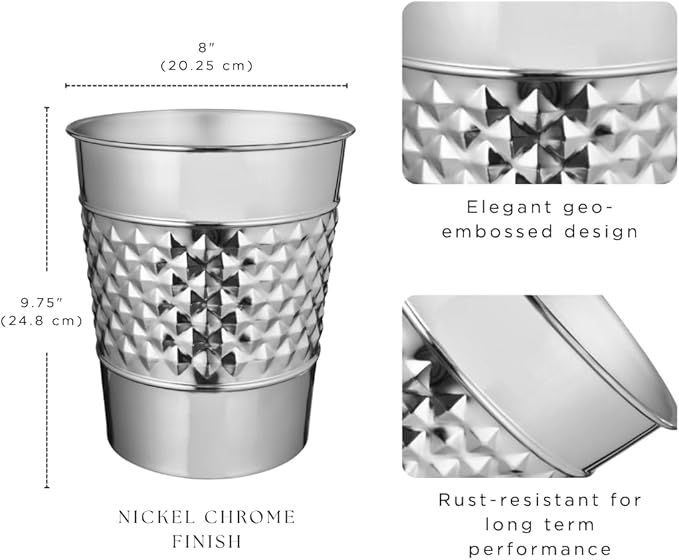Monarch Abode Nickel Chrome Handcrafted Geometric Embossed Metal Wastebasket for Home, Decorative Waste Basket, Modern Bathroom Garbage Can, Durable & Decorative Trash Bin, Nickel Chrome Trash Can