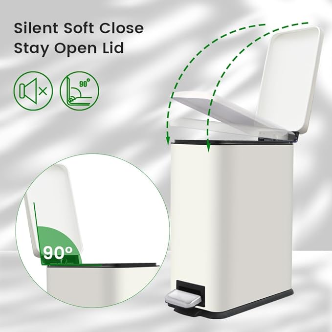 Large Bathroom Trash Can, 16.7L/ 4.4 Gallon Trash Can with Removable Wastebasket, Hand Free Garbage Can with Soft close Lid, Stainless Steel Skinny Trash Bin for Bedroom, Home Office, White
