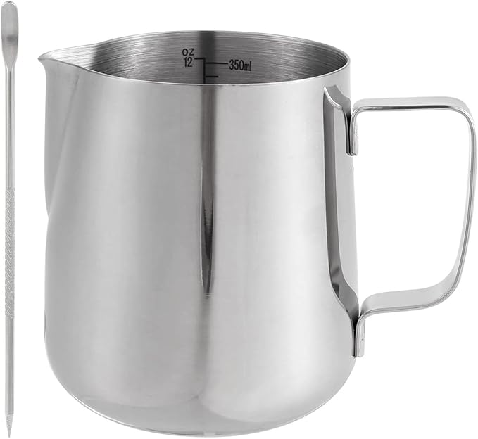 1PCS 350ML/12oz Milk Frothing Jug for Coffee Machine 304 Stainless Steel Milk Pitcher Cup with Spoon Milk Cup for Making Cappuccino Latte and Espresso