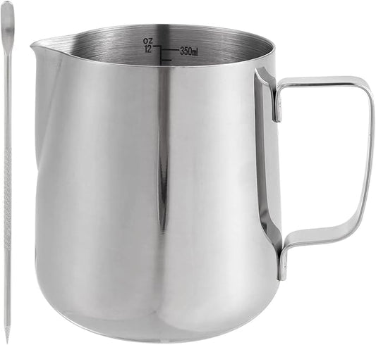1PCS 350ML/12oz Milk Frothing Jug for Coffee Machine 304 Stainless Steel Milk Pitcher Cup with Spoon Milk Cup for Making Cappuccino Latte and Espresso
