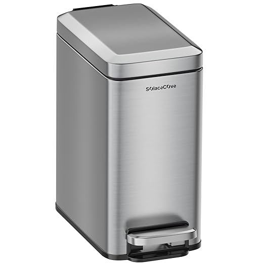 Small Bathroom Trash Can with Soft-Close Lid，6L/1.6 Gal Stainless Steel Slim Step Garbage Can with Removable Inner Bucket for Bedroom、Bathroom