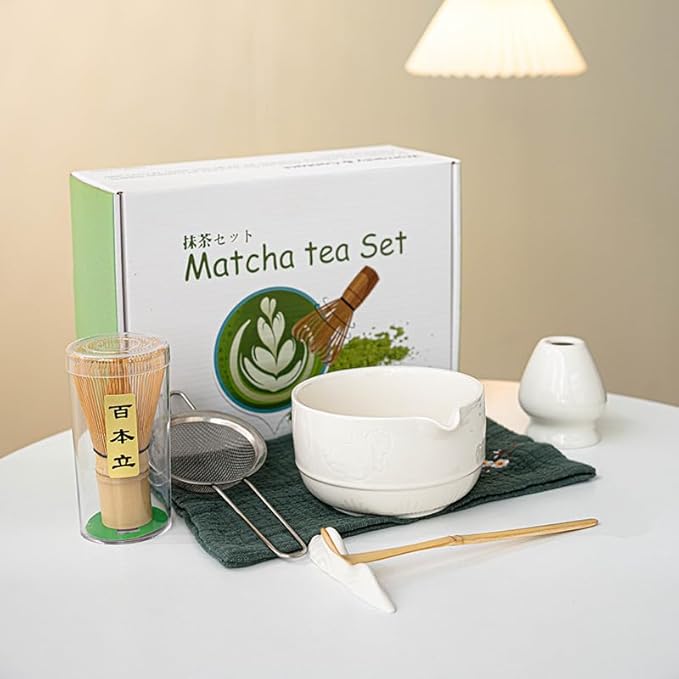 7Pcs Matcha Whisk Set,Ceramic Matcha Tea Set Includes Whisk Matcha Bowl Scoop and Whisk with Holder Sifter Towel,Elegant Matcha Kit Gift for Matcha Enthusiasts and Tea Lovers(White)
