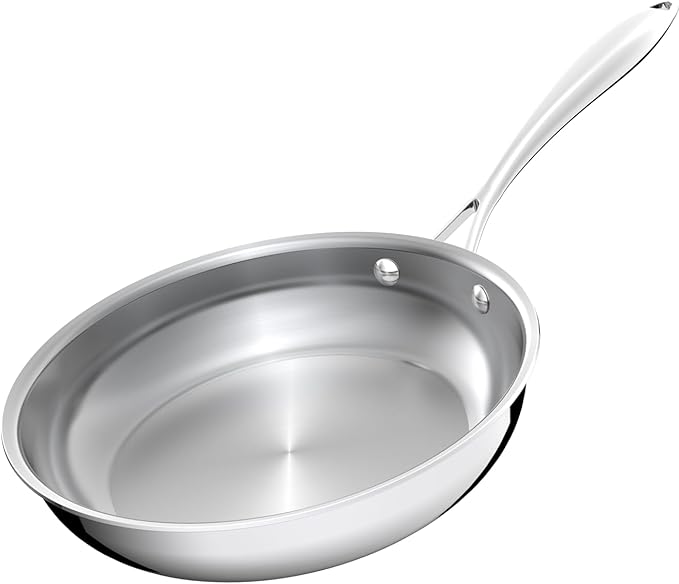 9.5 Inch Stainless Steel Frying Pan, 5-Ply Stainless Steel Pan, Dishwasher and Oven Safe, Induction Pan, Even Heat Distribution