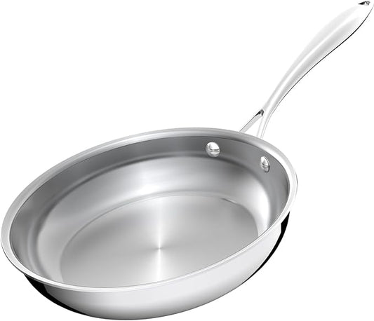 9.5 Inch Stainless Steel Frying Pan, 5-Ply Stainless Steel Pan, Dishwasher and Oven Safe, Induction Pan, Even Heat Distribution
