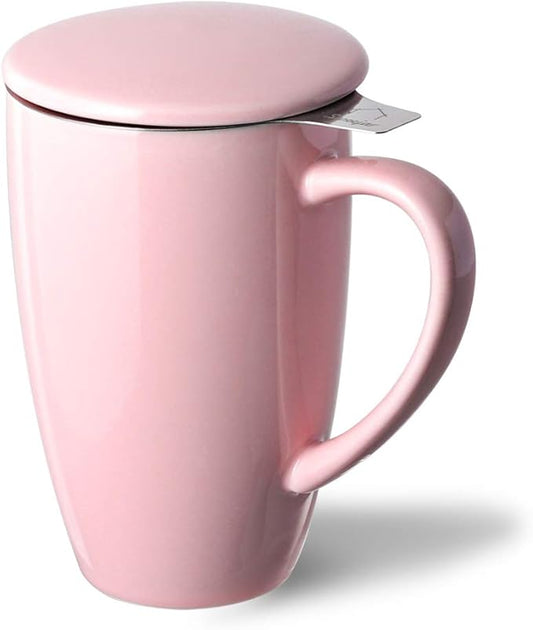 Sweejar Porcelain Tea Infuser Cup with Lid, 16 oz Tea Cup with Strainers for Loose Leaf Tea, Microwave and Dishwasher Safe Coffee Mug, Tea Steeping Mug for Tea Drinkers,Christmas Gift (Pink)