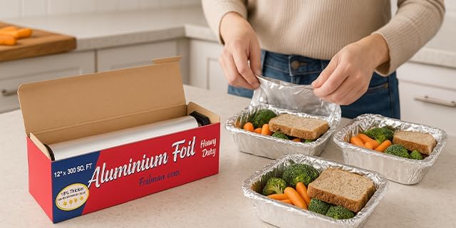 Foilman Thick & Heavy Duty Aluminum Foil Roll with Sturdy Corrugated Cutter Box, Food Safe Cling Wrap for Cooking, Baking, Roasting, Grilling, Freezer Storage - Durable Kitchen Use - 12 in x 300 sq ft