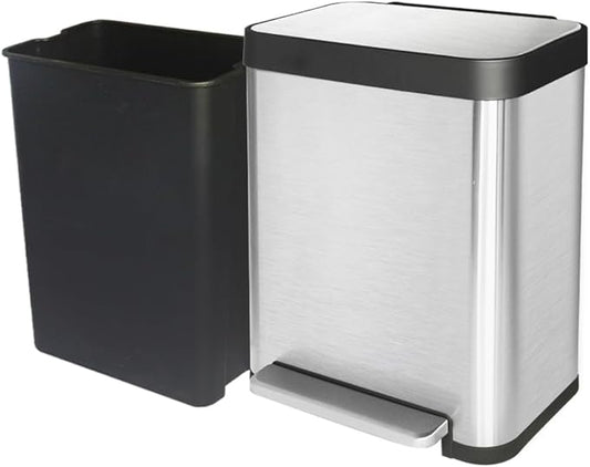 10 Gallon Stainless Steel Trash Can with Removable Inner Bucket, Soft Close & Stay Open Lid, Step-on Pedal – Modern Kitchen Waste Bin