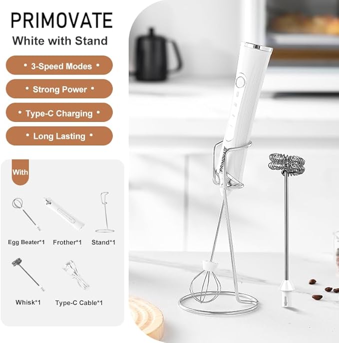 Handheld Milk Frother, Handheld Coffee Whisk, Low-Noise, USB Rechargeable, Black and White Color (White with Stand)