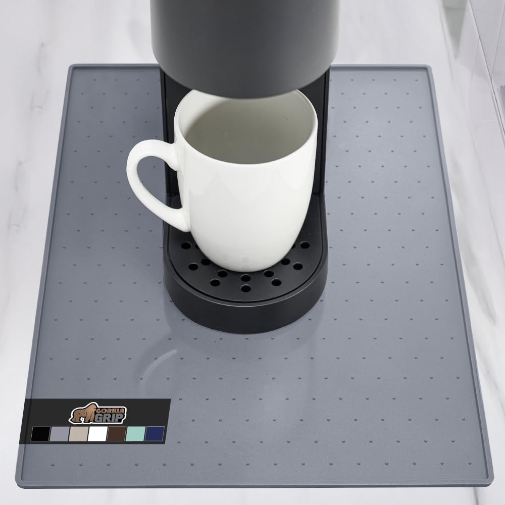GORILLA GRIP Silicone Coffee Mat, Espresso Drink Bar Station Accessories, Waterproof Heat-Resistant Dish Drying Mats, Stay in Place on Kitchen Counter, Home Kitchen Decor Essentials, 10x14, Gray