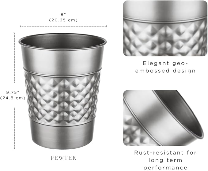 Monarch Abode Pewter Handcrafted Geometric Embossed Metal Wastebasket for Home Office, Decorative Waste Basket, Modern Bathroom Garbage Can, Durable & Decorative Trash Bin, Pewter Bathroom Trash Can