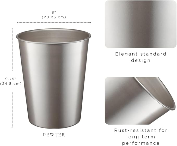 Monarch Abode Pewter Handcrafted Metal Wastebasket for Home Office Bedroom, Decorative Waste Basket, Modern Bathroom Garbage Can, Durable & Decorative Trash Bin, Pewter Bathroom Trash Can