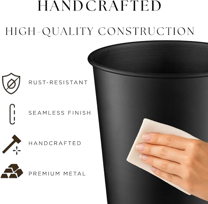 Monarch Abode Black Handcrafted Metal Wastebasket for Home Office Bedroom, Decorative Waste Basket, Modern Bathroom Garbage Can, Durable & Decorative Trash Bin, Black Bathroom Trash Can