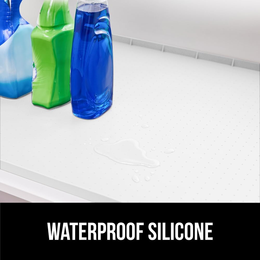 GORILLA GRIP Waterproof Silicone Under Sink Mat with Raised Lip for Kitchen and Bathroom, 34 x 22 in, Cabinet Shelf Liner Stay in Place Mats Dishwasher Safe Drawer Liner, Organizer Tray, White