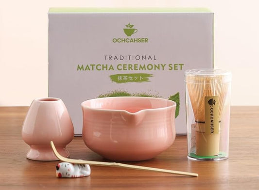 Matcha Set, Pink Ceramic Matcha Kit Includes Matcha Bowl, Matcha Whisk Holder (chasen), Bamboo Matcha Whisk, Bamboo Scoop and Scoop Stand, Japanese Tea Set for Women