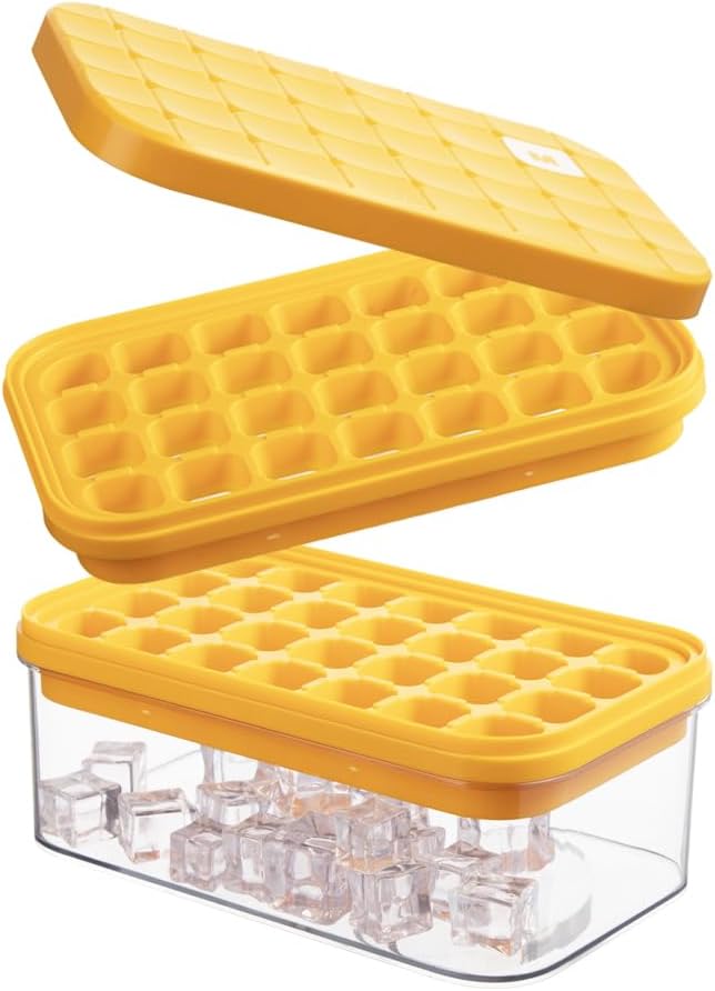 Brigii Ice Cube Tray with Lid&Bin, Ice Cube Mold with 56 Cubes, Stackable Ice Trays for Freezer with Easy-Release Silicone Bottom, for Drinks, Coffee, cocktail