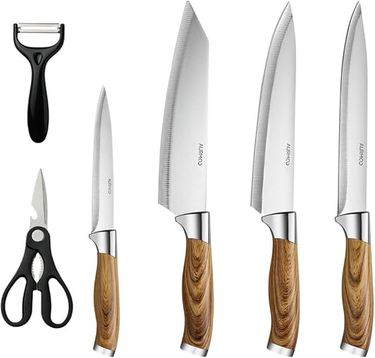 Knife Set, 6 Pieces Kitchen Knife Set, Chef-Knife, Culinary Kitchen-Knife, Utility-Knife, Slicer-Knife, Peeler, Kitchen Shears, Dishwasher Safe