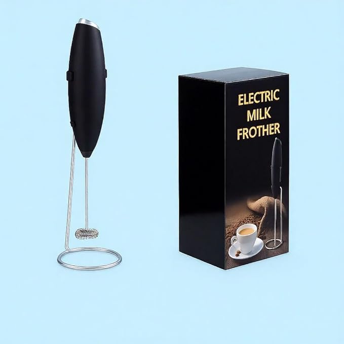 Milk Frother Wand - Powerful Electric Hand Whisk and Mini Blender for Coffee, Matcha and Protein Shakes - Includes 2 AA Batteries - Durable, Easy to Clean and Fast Frother (Black)