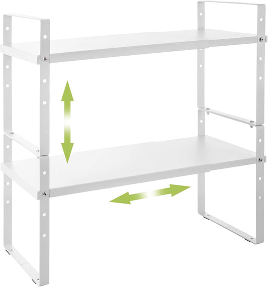 Expandable Cabinet Shelf Organizer Rack, Stackable Kitchen Counter Storage Shelves Stand, Adjustable Height Pantry Shelf Spice Rack (White, 2 Pack)