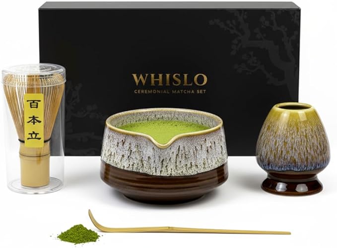 4 Pcs Matcha Whisk Set, Matcha Kit with Bamboo Whisk, Ceramic Spouted Matcha Bowl - Traditional Japanese Tea Set