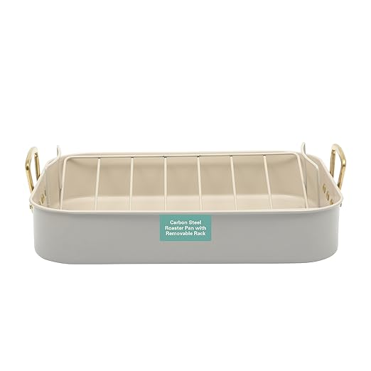 Gibson Home Broxton 2-Piece Nonstick Roaster Pan with Rack – 16 x 12 Inch Taupe Turkey Roasting Pan with Cast Aluminum Gold Handles – Oven-Safe, Easy-Clean, Holiday Cookware
