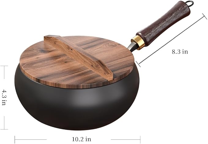 Pure Iron Wok, Uncoated Heats Evenly Multi-Purpose Frying Pan, Suitable for Any Stove, Oven or Even Camping Campfire with Lid and Wooden Handle